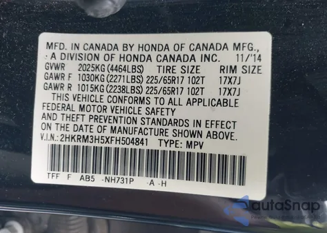 2015 Honda Cr-V Ex z USA, uszkodzony, nr VIN 2HKRM3H5XFH504841
